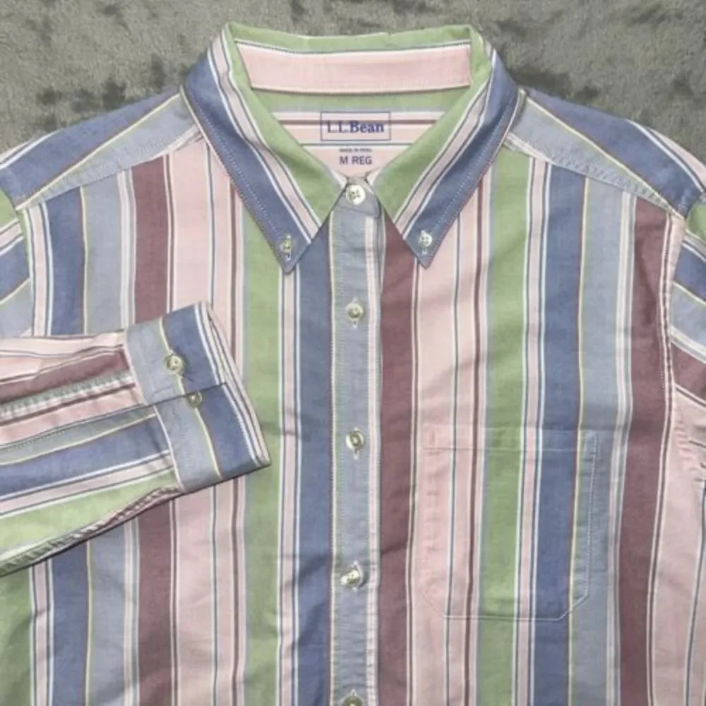 LL Bean Mens Med Reg Pastel Multicolor Stripe Long Sleeve Button Shirt EUC